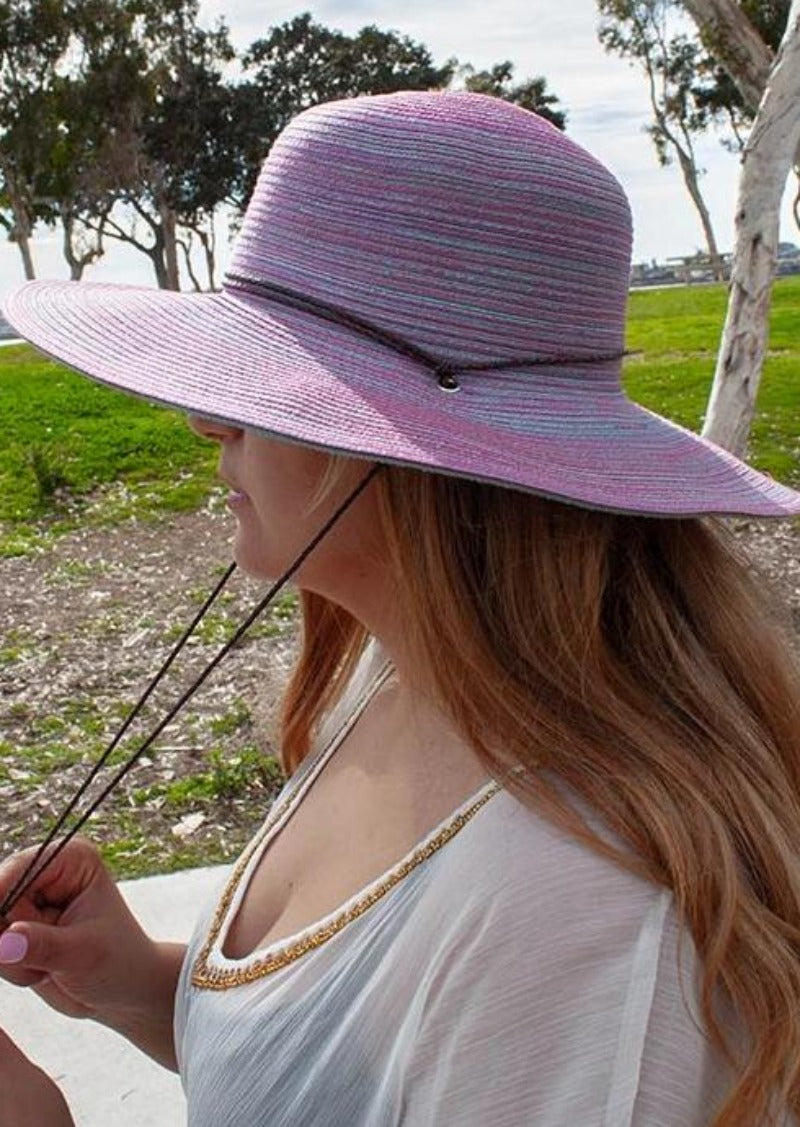Womens Wide Brim Bucket Hat Straw With Chin Strap Sun Protection
